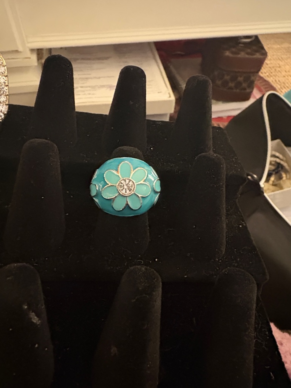 Turquoise Flower Statement Ring with Clear Crystal Accent